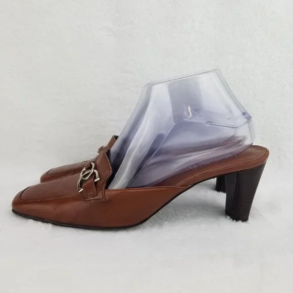 ✅Womens 7.5M Michelle D Brown Leather 3" Heeled Mules Slides D-Ring Strap Accent - Picture 9 of 13